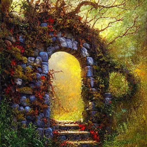 Image similar to colorful marc simonetti and Mark Keathley impasto!! acrylic painting of the slate stone gateway of a forgotten civilization. vines and creepers, stone etchings