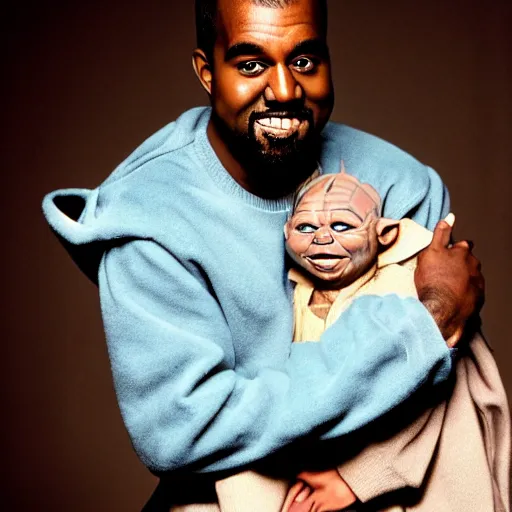 Image similar to kanye west smiling and holding yoda yoda for a 1 9 9 0 s sitcom tv show, studio photograph, portrait