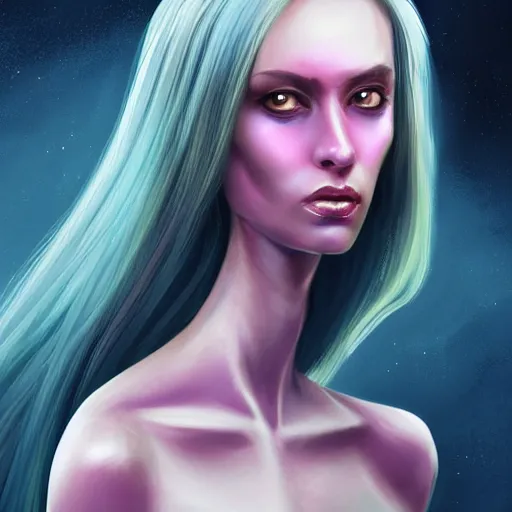 Image similar to A beautiful detailed digital painting of an alien woman, realistic character concept