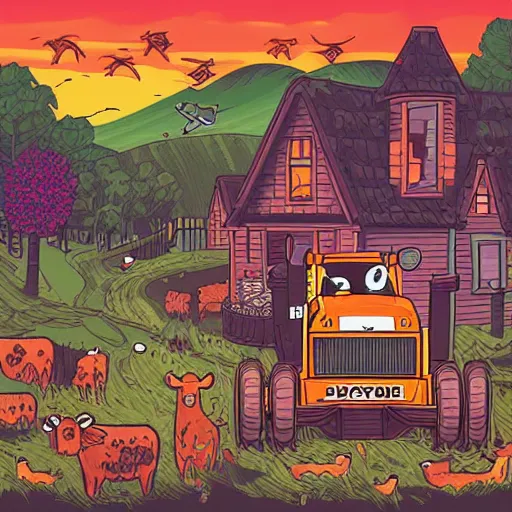 Image similar to A jigsaw with a cute illustration of a cow driving a tractor by Dan Mumford