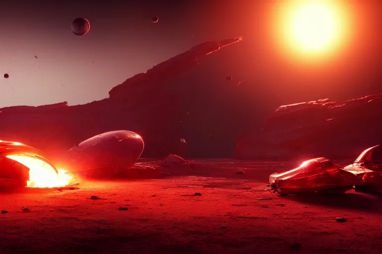 Image similar to crashed spaceship on fire. the spaceship is on a desert world planet. The atmosphere is full with raining debris. There are three moons in the sky, and one shooting star in the background. Dramatic lighting. hyper-realistic photo artistic trending on artstation beautiful scenic octane render reddish hue highly detailed, 8k, epic composition