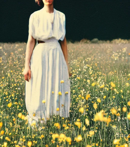 Image similar to tall shadow person figure standing in beautiful meadow of flowers, vintage film photo, grainy, high detail, high resolution