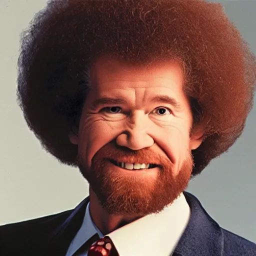 Image similar to Bob Ross holding a pistol pointed at you