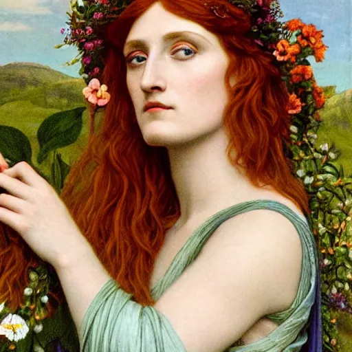 Prompt: Florence Welch as a Pre-Raphaelite goddess of nature in the style of John William Godward, close-up portrait, in focus, flowers and plants, moody, intricate, mystical
