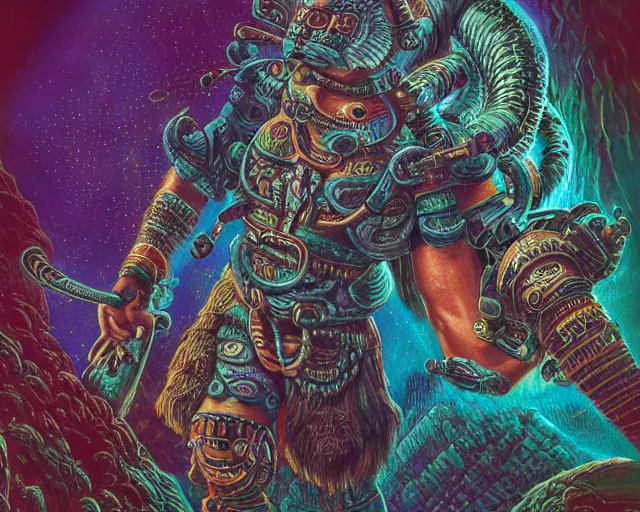 Image similar to mayan jaguar warrior exploring an alien world, 1 9 6 0's sci - fi, advanced technology deep aesthetic colors, 8 k, highly ornate intricate details, extreme detail,