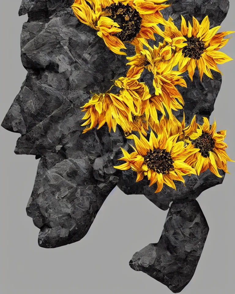 Prompt: symmetrical painting of a fractured obsidian greek statue of a topaz sunflowers fixed with kintsugi, rendered in octane trending on cgsociety. extremely detailed and intricate art