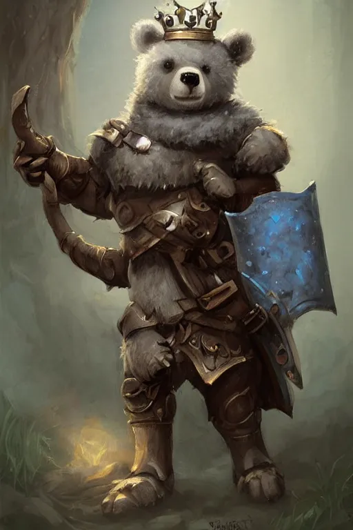 Image similar to cute little anthropomorphic bear knight wearing a cape and a crown, tiny, small, miniature bear, baby animal, short, pale blue armor, cute and adorable, pretty, beautiful, DnD character art portrait, matte fantasy painting, DeviantArt Artstation, by Jason Felix by Steve Argyle by Tyler Jacobson by Peter Mohrbacher, cinematic lighting