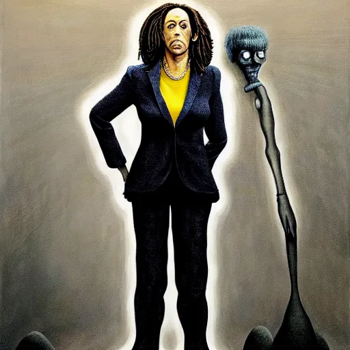 Image similar to portrait of kamala harris wearing pantsuit by otto dix, junji ito, hr ginger, jan svankmeyer, beksinski, claymation, hyperrealistic, aesthetic, masterpiece