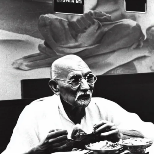 Prompt: Ghandi Chowing down on a feast in mcdonalds