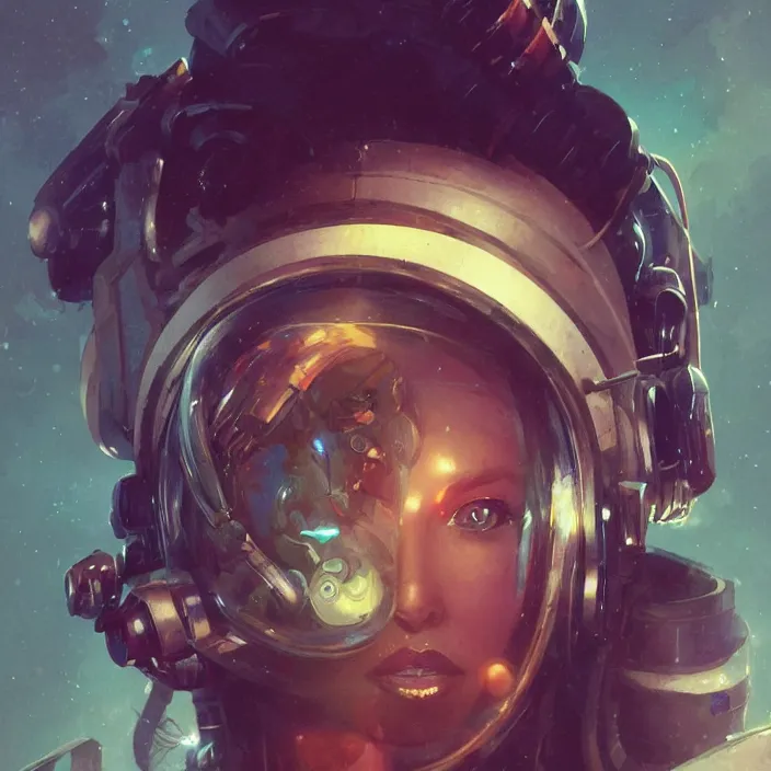 Prompt: a head and shoulders portrait of a female space pirate, neon, retro, steampunk, smooth, sharp focus, intricate, artstation, detailed concept art by Greg Rutkowski and Norman Rockwell and artgerm and Petros Afshar