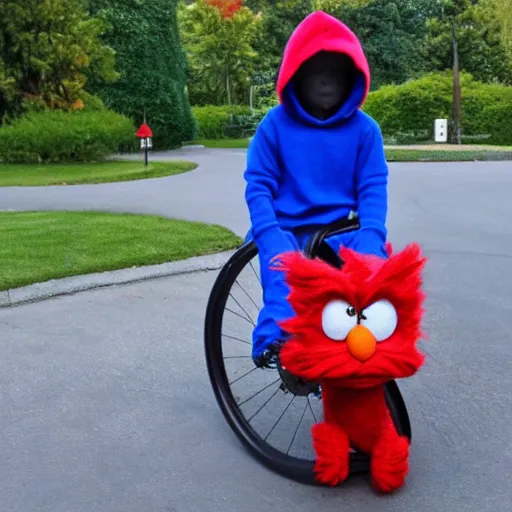 Image similar to elmo in e. t. bike basket wearing hoodie