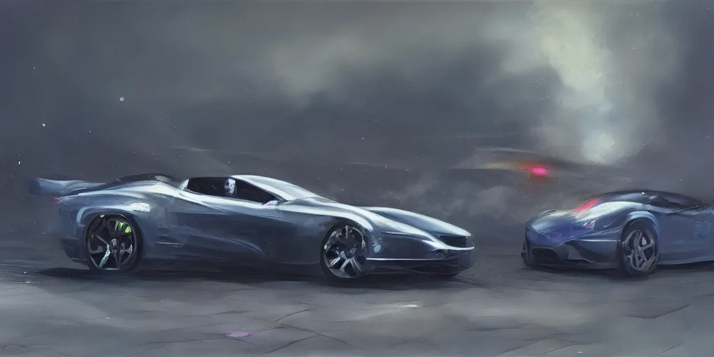 Prompt: full view of a sport car, surrounded in a detailed smoke, busy wet street at night, painted in dark color holographic pearlescent, elegant, digital painting, concept art, smooth, sharp focus, art style from Wang Ke and Greg Rutkowski and Bruce Kaiser and Scott Robertson and Dmitry Mazurkevich and Doruk Erdem and Jon Sibal, small style cue from Mad Max