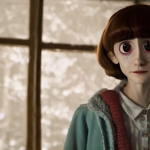 Prompt: natalia dyer starring as live action coraline, movie still, 8 k