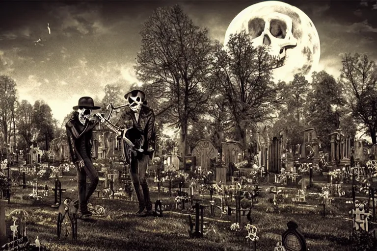 Prompt: skeletons in leather jackets with guitars in the hands in a cemetery, microphones, guitars, rock concert, dark night, full moon, the oak tree, highly detailed digital art, photorealistic