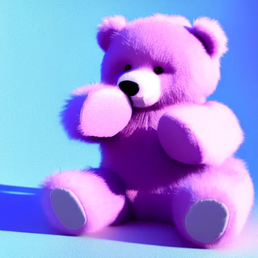 Image similar to high quality 3 d render very cute fluffy purple teddy bear, highly detailed, extremely cute adorable fluffy, unreal engine cinematic smooth, uhd 8 k, sharp focus