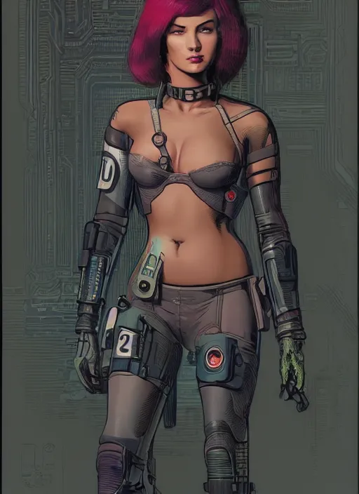 Prompt: cyberpunk police officer. portrait by stonehouse and mœbius and will eisner and gil elvgren and pixar. realistic proportions. cyberpunk 2 0 7 7, apex, blade runner 2 0 4 9 concept art. cel shading. attractive face. thick lines.