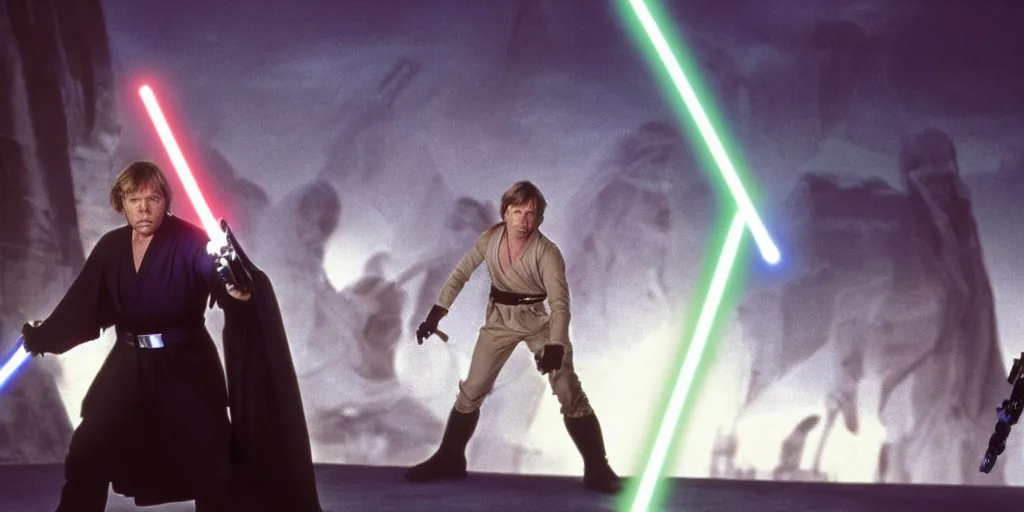 Prompt: A full color still of Mark Hamill as Jedi Master Luke Skywalker having a lightsaber fight with Sith Lords, with large windows showing a sci-fi city outside, at dusk at golden hour, IMAX, wideshot, from The Phantom Menace, directed by Steven Spielberg, 1997