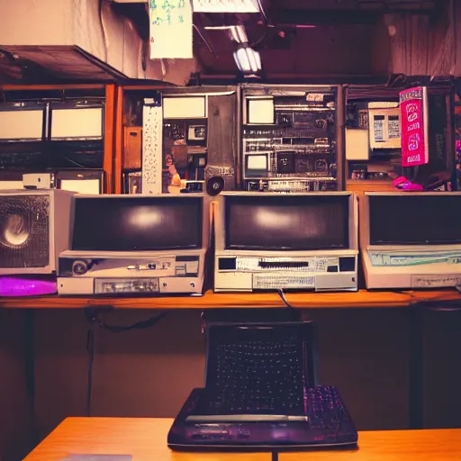 Prompt: old computers in a japanese thrift store, cinematic light, retrowave atmospheric, synthwave atmosphere, cyberpunk atmo, 8 k photography