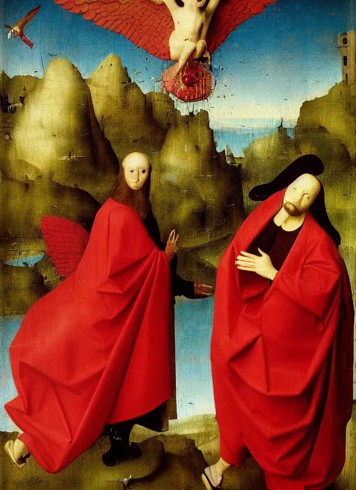 Image similar to flying fallen angels dressed in red with wings by Jan van Eyck, Hieronymus Bosch, Johannes Vermeer 4k post-processing, highly detailed medieval painting