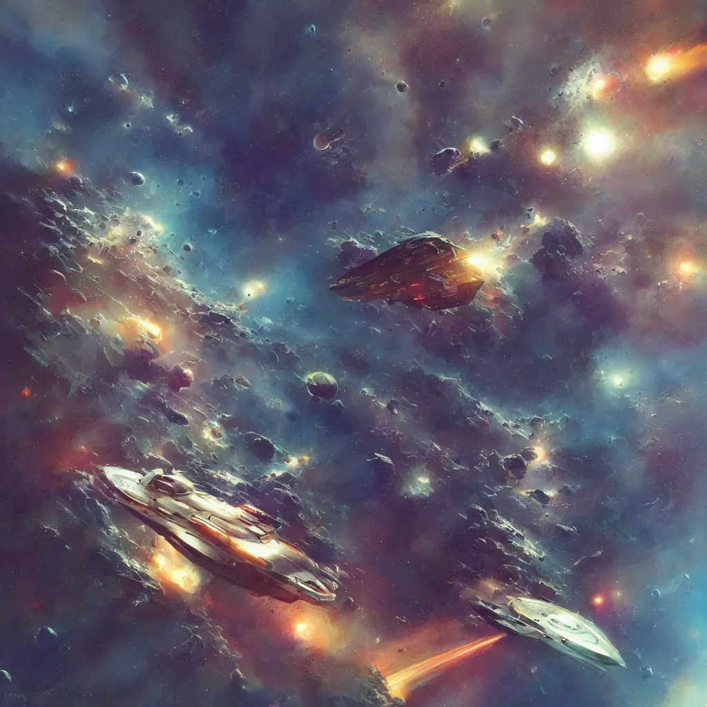 Image similar to “a geometrically complex spaceship in a nebula deep in space, sci-fi concept art, 8k, by John Harris, by John Berkey”