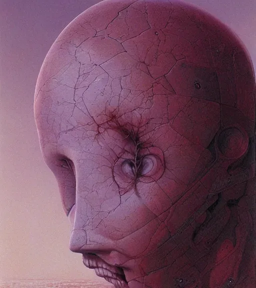 Image similar to portrait of girl melting with machine by wayne barlowe and zdislaw beksinski