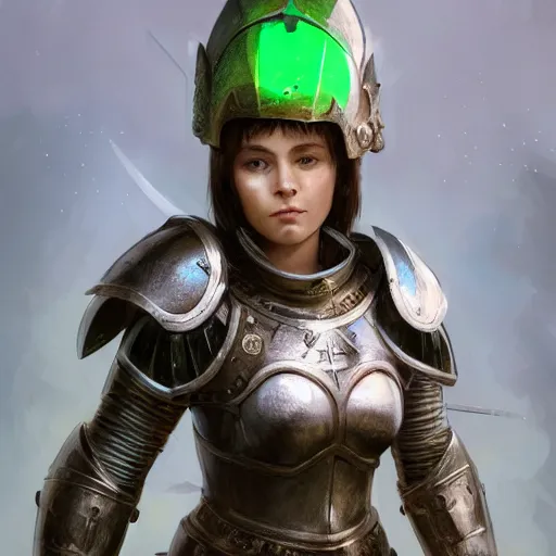 Prompt: full body portrait of a proud young female knight in heavy fantasy armour by Lorenzo Nuti and Craig Mullins, medium length hair, green eyes, earrings, highly detailed, trending on artstation, cgsociety , 4k, 8k, HDR, octane render, unreal engine,