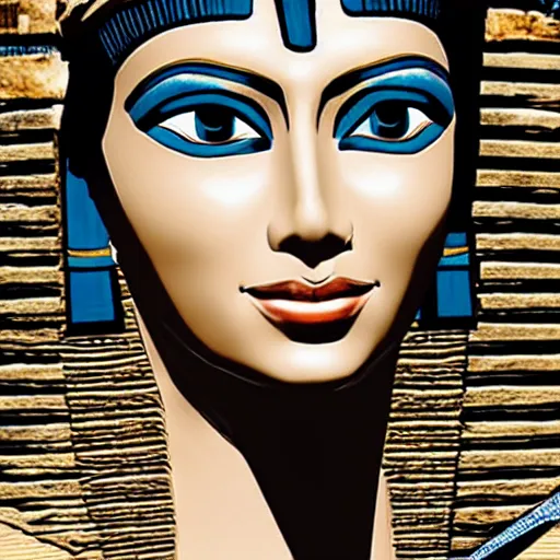 Image similar to cleopatra in ancient egypt in front of a pyramid, perfect, hyperrealistic and ultra detailed face , wild blue eyes and brown, short and straight hair