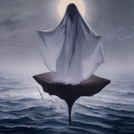 Image similar to ominous bedsheet ghost floating above the ocean, oil painting, brush strokes, gloomy foggy atmosphere, symmetrical, full body image, highly ornate intricate details,