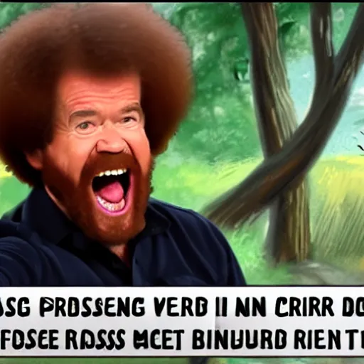 Image similar to bob ross screaming in rear view mirror road rage