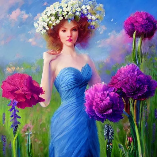 Image similar to a portrait of a romantic woman with flowers grow out of hair, roses peonies forget-me-nots dahlias lupins gladioli, sky theme in background, by Alexandr Averin, Digital Art, Trending on artstation