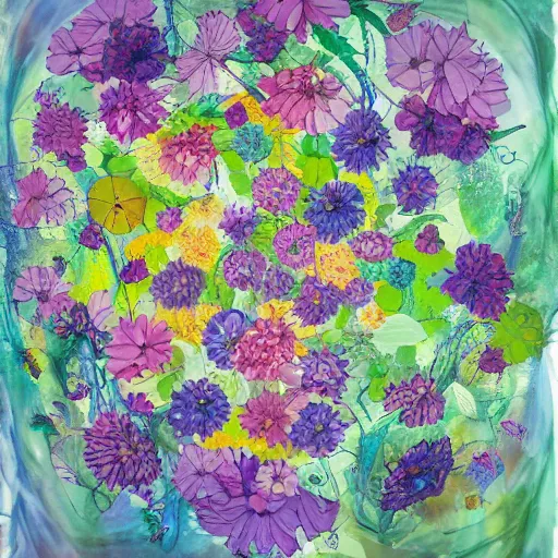 Image similar to Mixed media art. This illustration is a large canvas, covered in a wash of color. In the center is a cluster of flowers, their petals curling and twisting in on themselves. The effect is ethereal and dreamlike, and the overall effect is one of serenity and peace. by Toyo Ito robust