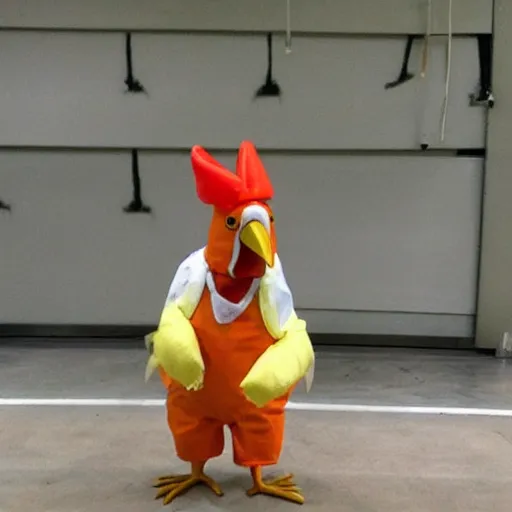 Image similar to real chicken dressed as an inmate on a jail