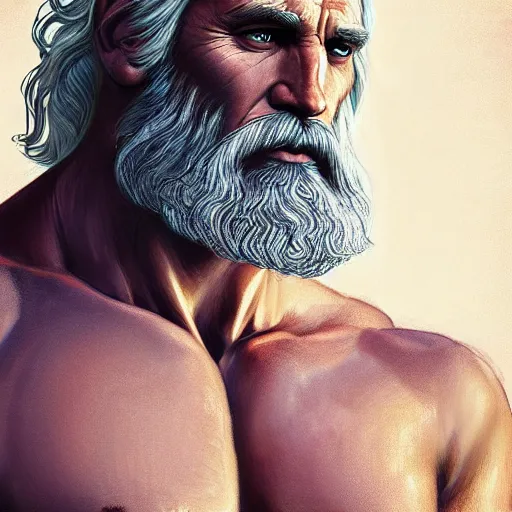 Image similar to portrait of rugged zeus, greek god, 4 0 years old, handsome, white hair, soft hair, upper body, muscular, hairy torso, fantasy, intricate, elegant, highly detailed, digital painting, artstation, concept art, smooth, sharp focus, illustration, art by artgerm and greg rutkowski and alphonse mucha