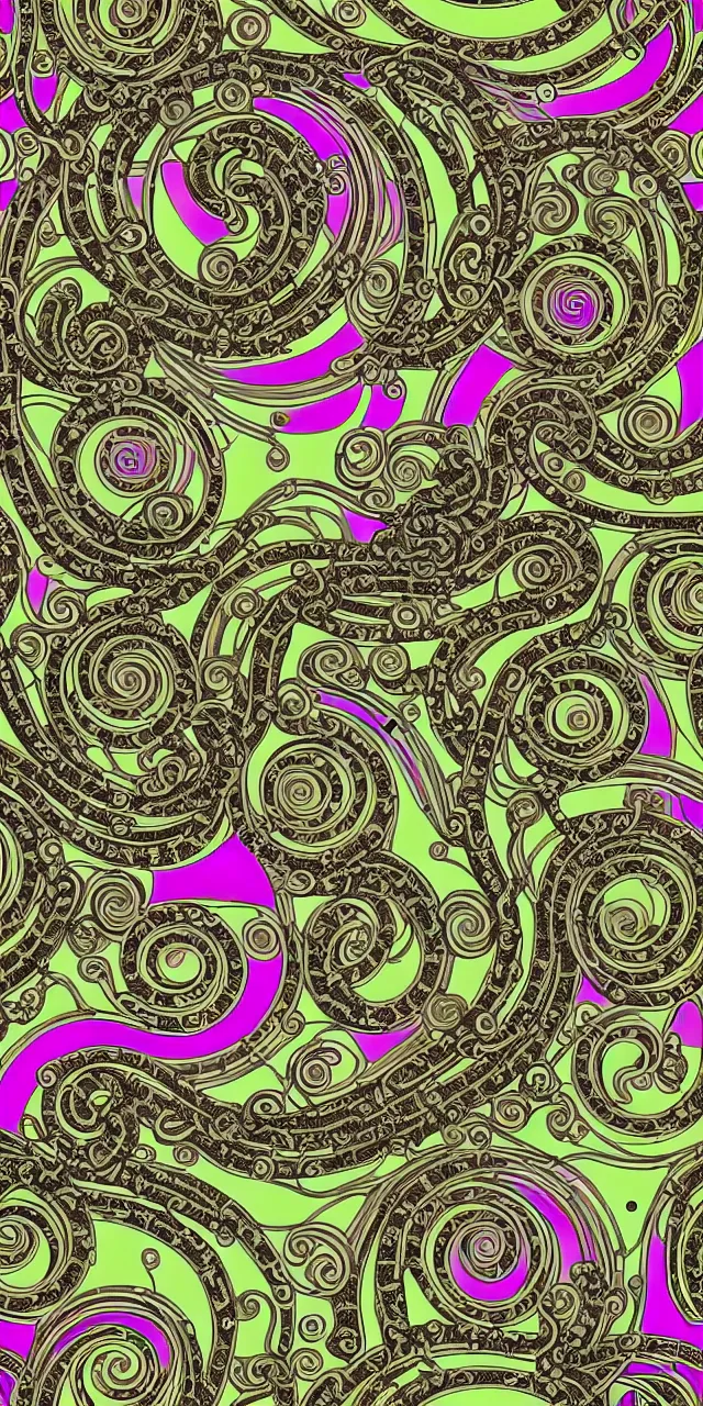 Prompt: seamless pattern of beautiful cybernetic robotic goddess with snakes cartier jewelry and cables arranged in a art nouveau damask pattern, subsurface scattering, rainbow liquids, inside organic robotic tubes and parts, black background, swirls and spirals of rainbow dragons, symmetrical composition + intricate details, hyperrealism, wet, reflections + by alfonse mucha, no blur