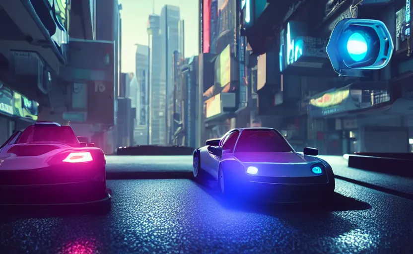 Image similar to photorealistic Hovering Cars on cyberpunk roads. daylight. sunlight. lens flare. light fixtures. 8K. detailed. photorealism. artstation. 25mm f/1.7 ASPH Lens. ultra realistic