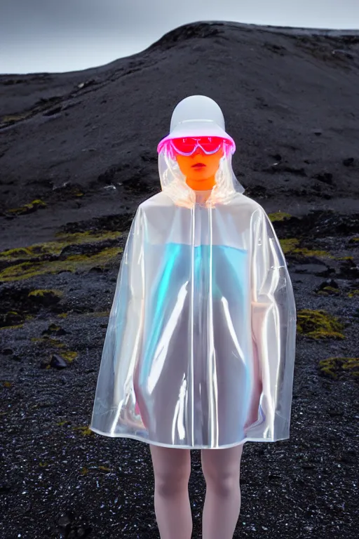 Image similar to an ultra high definition professional high fashion portrait studio full length photograph of a model wearing a transparent pearlescent raincoat and neon visor in an icelandic black rock environment at dawn. no artefacts. extremely detailed. stark. refraction. shallow depth of field. volumetric light and shadow. ray tracing. light rays.