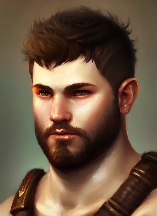 Image similar to a _ fantasy _ style _ portrait _ painting _ of chubby white barbarian male very short hair short stubble, brown hair, rpg dnd oil _ painting _ unreal _ 5 _ daz. _ rpg _ portrait _ extremely _ detailed _ artgerm _ greg _ rutkowski _ greg