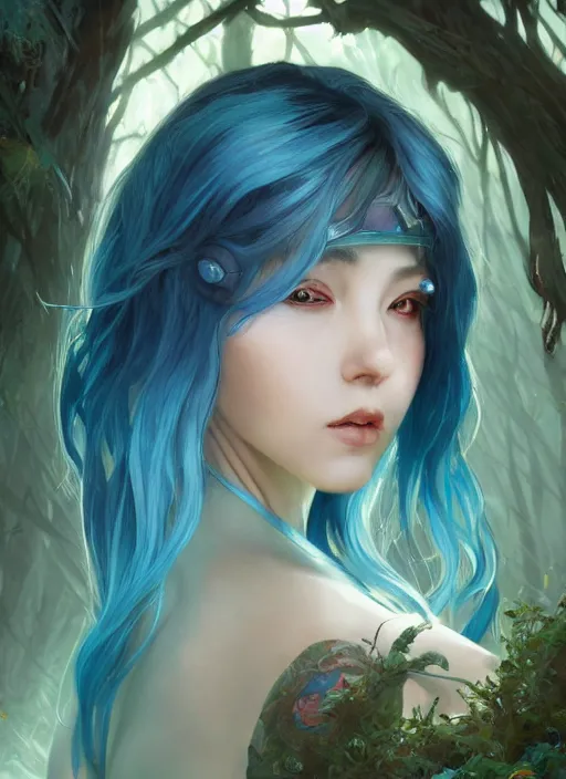 Image similar to stunningly beautiful female blue hair, dj sura face, fantasy art, fae priestess, lush forest landscape, dark light night, sharp focus, digital painting, 8 k, concept art, art by wlop, artgerm, greg rutkowski and alphonse mucha