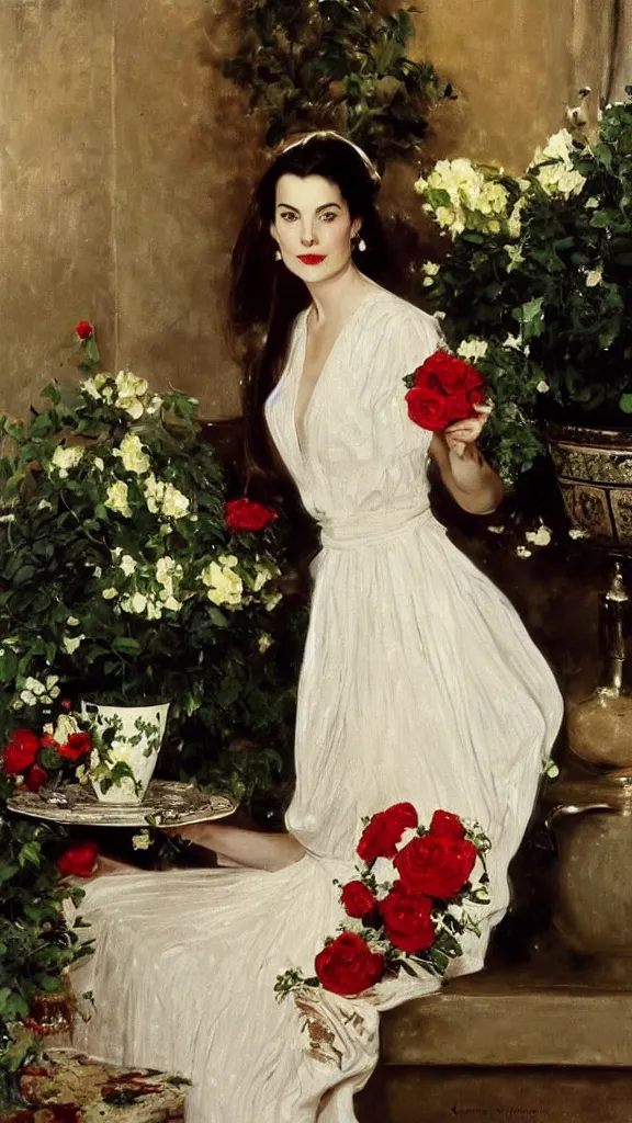 Image similar to beautiful young carole bouquet in detailed golden sleeve balloon lace dress beside a pot of red roses set near a persian pot by john singer sargent