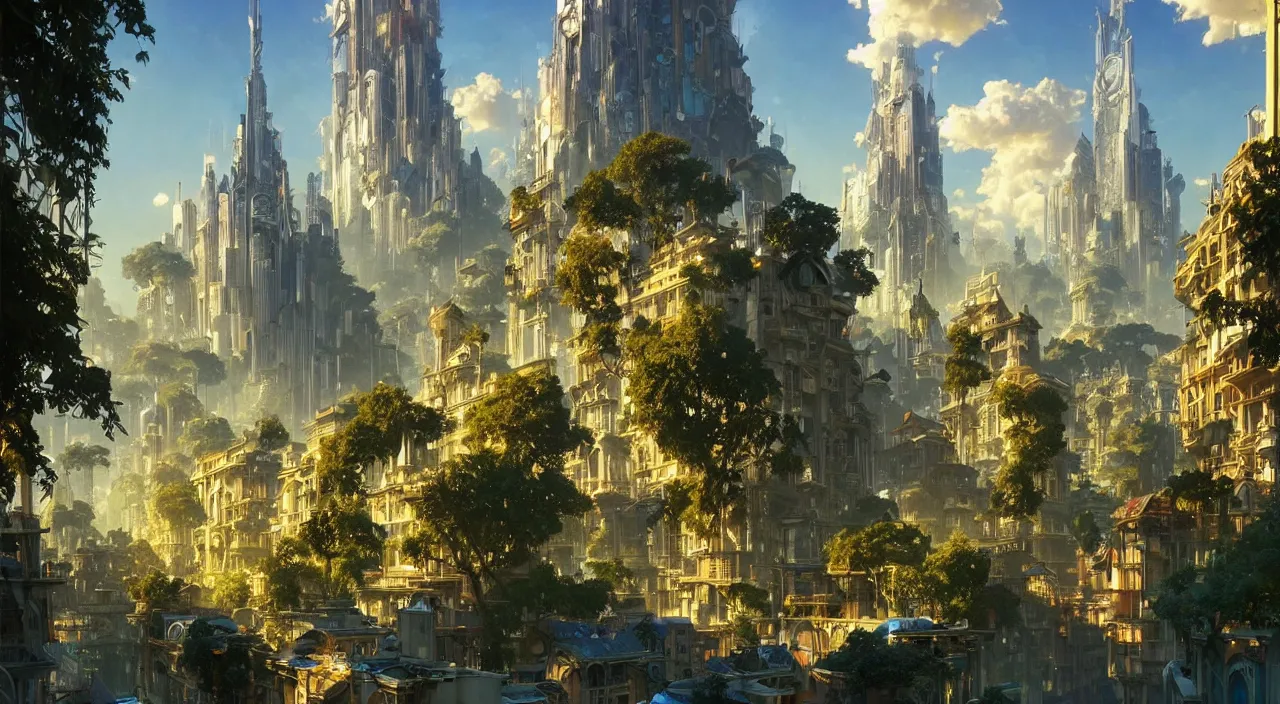 Prompt: gorgeous solarpunk city with happy people and animals, lots of beautiful trees, happy scenes, late afternoon light, wispy clouds in a blue sky, unreal engine, intricate, highly detailed, elegant, trending on artstation, sharp focus, cinematic lighting, art by greg rutkowski and alphonse mucha