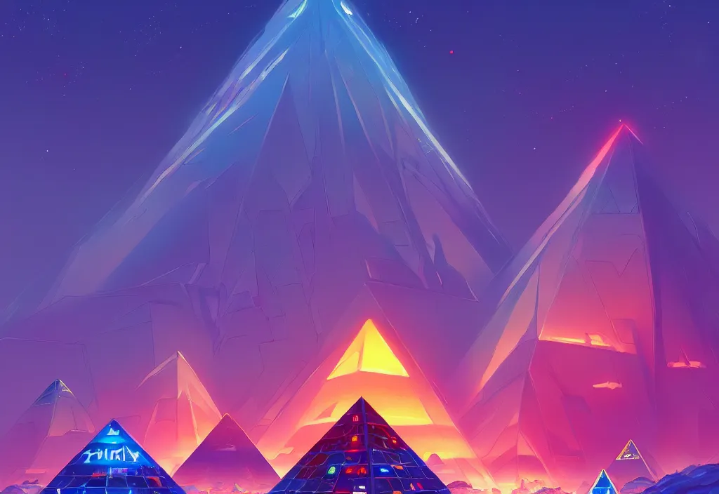 Image similar to a small chubby futuristic pyramid with neons at dawn, intricate oil painting, high detail illustration, sharp high detail, manga and anime 1 9 9 9, official fanart behance hd artstation by jesper ejsing and makoto shinkai, 4 k,