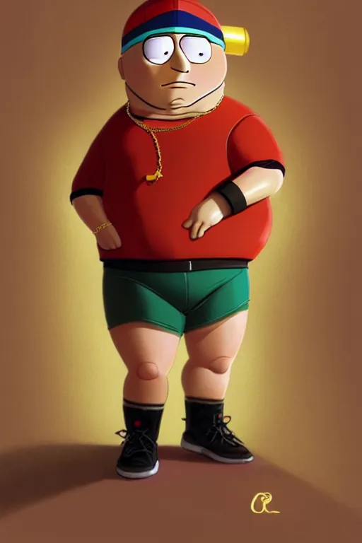 Prompt: eric cartman wearing cycling shorts and gold chains surrounded by beautiful women, elegant, real life skin, intricate, high detailed, artstation, concept art, smooth, sharp focus, art by artgerm and greg rutkowski