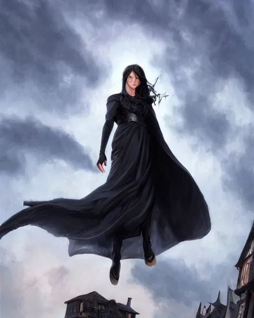 Prompt: close up portrait of lady vin from mistborn ascending to sky, waving the cape with long strips of fabric, wearing black tight clothing and cape, medieval town landscape, detailed face, digital painting, trending on artstation by ted nasmith