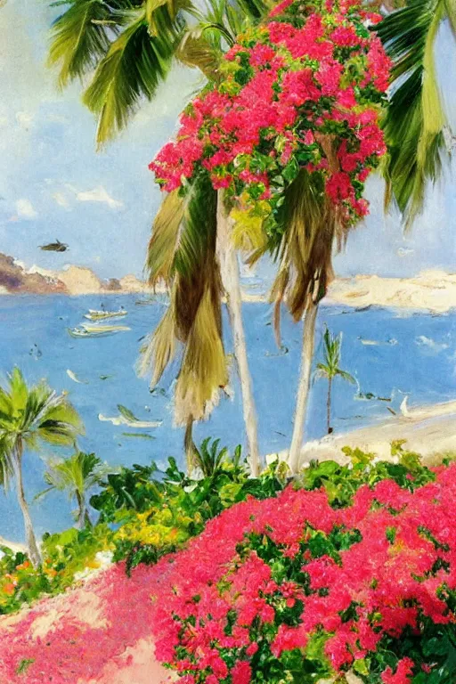 Image similar to sun in the sky blazing, beach, bunch of roses on the sea surface, bougainvillea palms, painting by john singer sargent