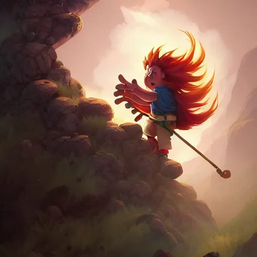 Prompt: cinematic painting of tomba!!!!!!!!!!!!!!!!! climbing a windy mountain, by alvaro castagnet, peter mohrbacher and dan mumford