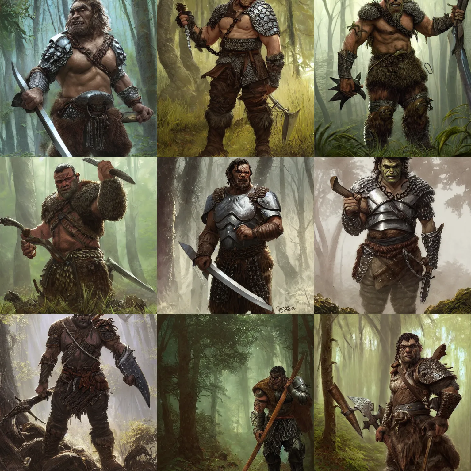Prompt: portrait of a ruggedly handsome half - orc fighter with short brown hair wearing chain mail armor holding a battleaxe in a forest, half body, fantasy, highly detailed, digital painting, artstation, concept art, character art, art by greg rutkowski and tyler jacobson and alphonse mucha