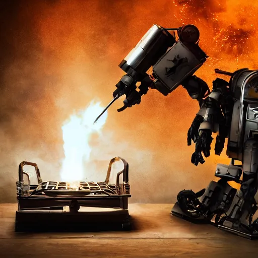 Image similar to toaster oven terminator robot, dark messy smoke - filled cluttered workshop, dark, dramatic lighting, orange tint, sparks, cinematic, highly detailed, sci - fi, futuristic, movie still