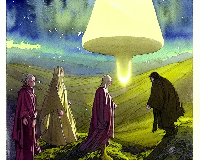 Image similar to a realistic and atmospheric watercolour fantasy character concept art portrait of a group of christians wearing robes and emerging from the mist on the moors of ireland at night. a ufo is in the sky. by rebecca guay, michael kaluta, charles vess and jean moebius giraud