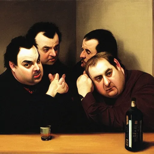 Image similar to Rich Evans, Mike Stoklasa, Jay Bauman, Red Letter Media, Caravaggio painting, depressed middle-aged men