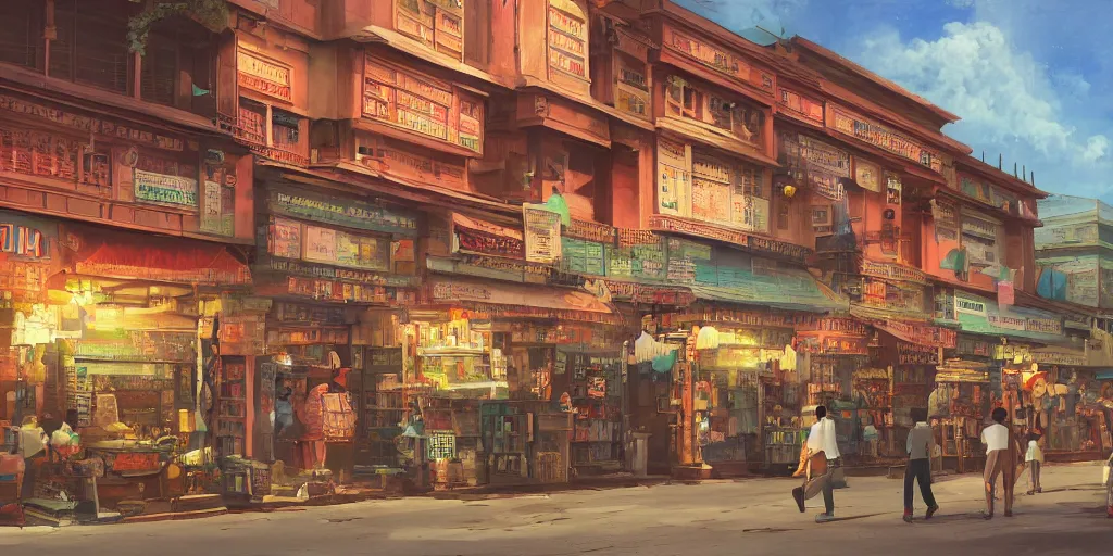 Prompt: little india sundry shop, old cinema, post office, evening, highly detailed matte painting, studio ghibli, artstation